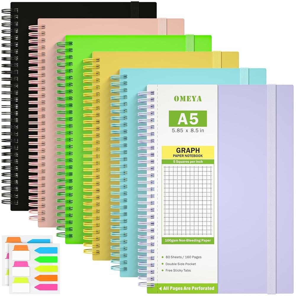 Amazon 6 Pack Graph Paper Notebook 1 Subject Spiral Notebook Journal With Pockets A5 Grid Notebook 480 Perforated Pages 100gsm Thick Grid Paper Cute Notebook For School Supplies Office 5 85 X