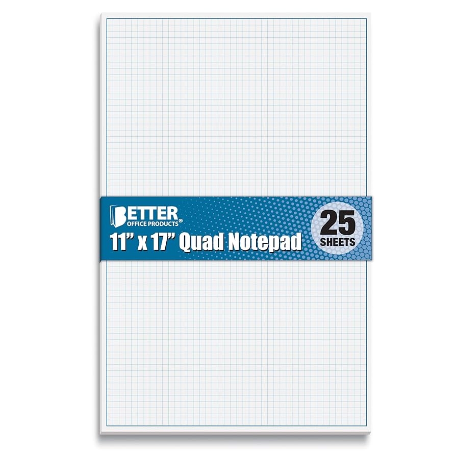 Amazon Better Office Products Graph Paper Pad 17 X 11 25 Sheets Blue Line Border Blueprint Paper Double Sided White 4x4 Blue Quad Rule Easy Tear Sheets Grid Paper Graph Paper 