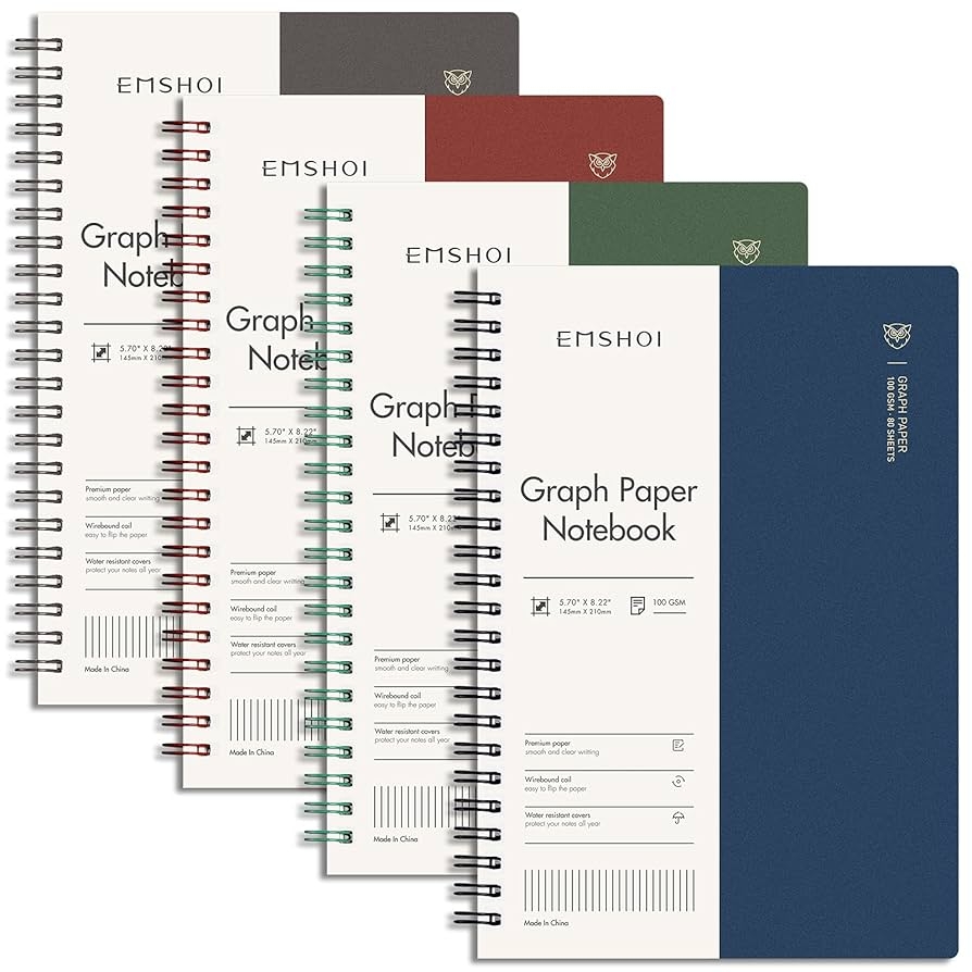 Amazon EMSHOI Graph Paper Spiral Notebook 5 7 X 8 22 4 Pack 640 Pages 100gsm Thick Grid Paper A5 Graph Paper Notebook Plastic Hardcover Journals For Writing Engineering Graphing Work School