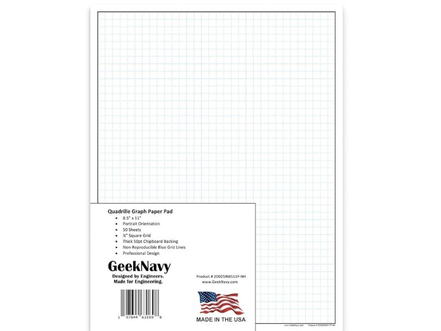 Amazon GeekNavy 8 5 X 11 Quadrille Graph Paper 50 Sheets Portrait 0 25 4x4 Square Grid Blueprint High Brightness Border Outlined Drafting 1 Pack Office Products