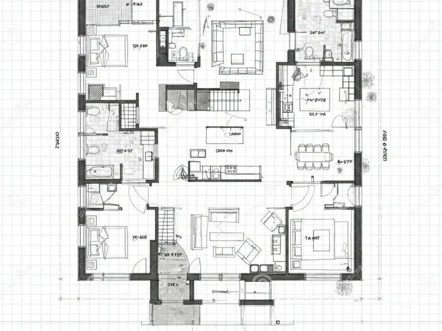 Architectural House Floor Plan On Graph Paper Grid Stock Illustration Illustration Of Sketch Architecture 371466621