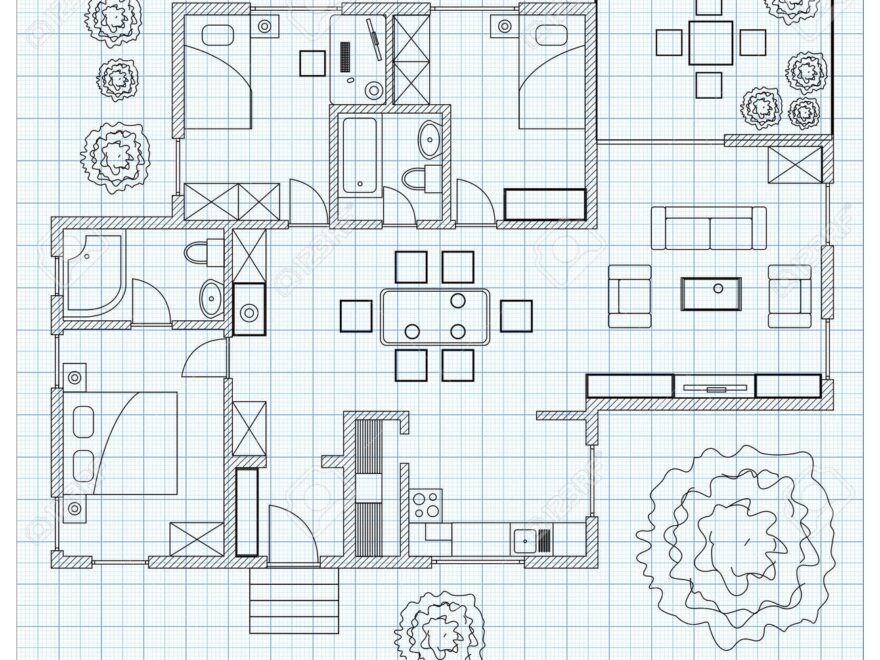 Black And White Floor Plan Sketch Of A House On Millimeter Paper Royalty Free SVG Cliparts Vectors And Stock Illustration Image 180659027
