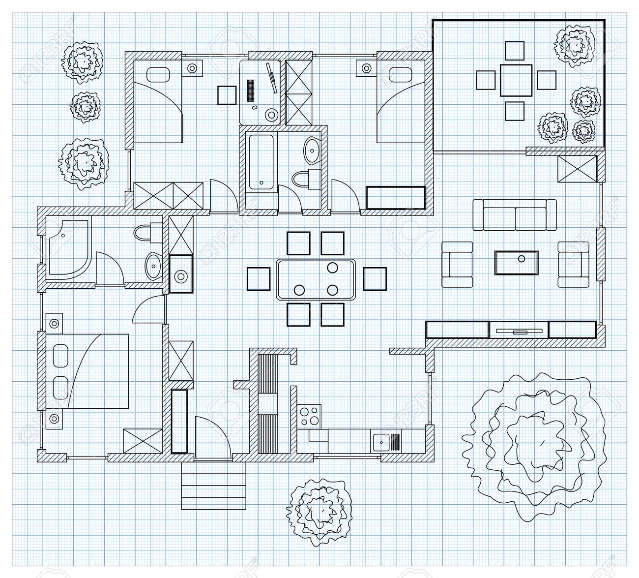 Black And White Floor Plan Sketch Of A House On Millimeter Paper Royalty Free SVG Cliparts Vectors And Stock Illustration Image 180659027 