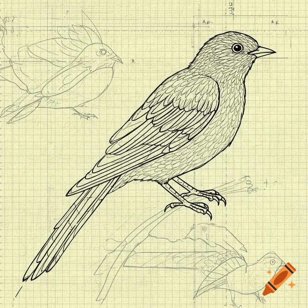Black And White Line Drawing Of A Bird On Graph Paper With Faint Sketch Lines On Craiyon