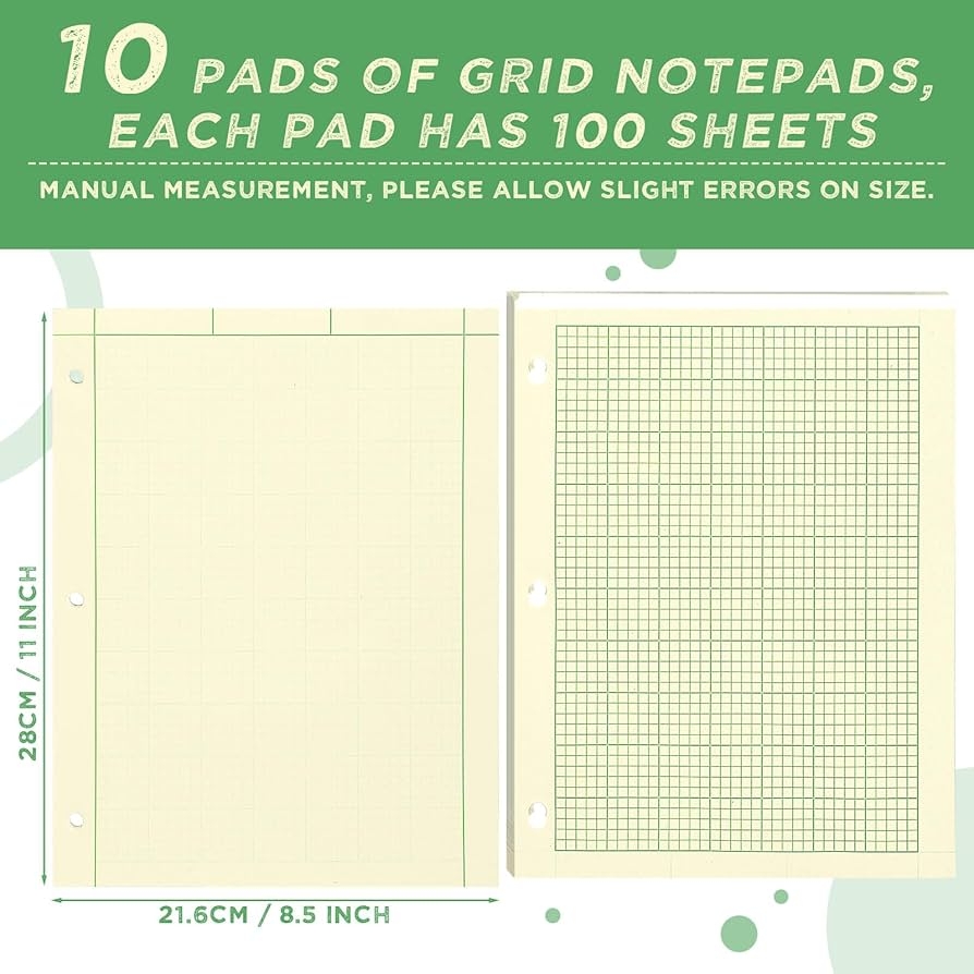 Fainne 10 Pads Engineering Computation Pad Engineer Pad 8 5 X 11 Engineering Notebook Graph Paper Notebook 5 Squares Per Inch 100 Sheets Per Pad Engineering Paper 3 Hole Punched Beige Green 