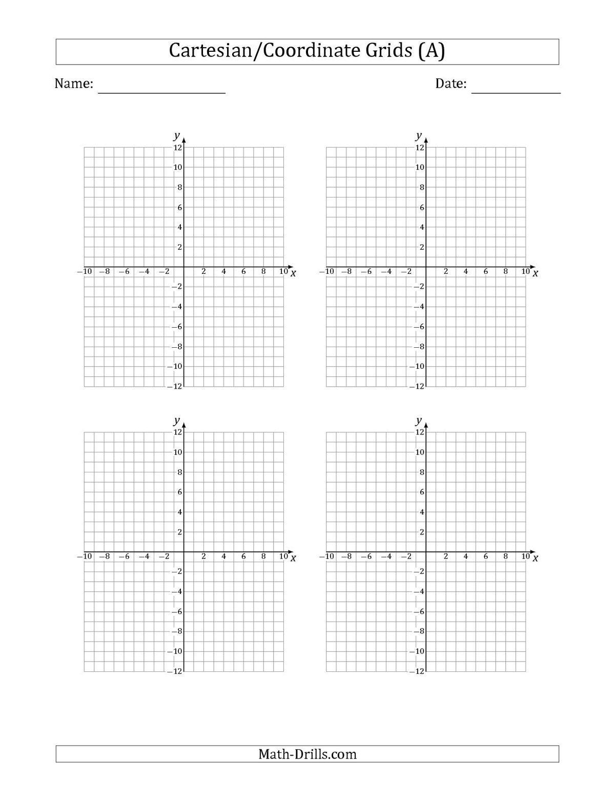Four Quadrant Coordinate Graph Paper X 10 10 Y 12 12 4 Grids 