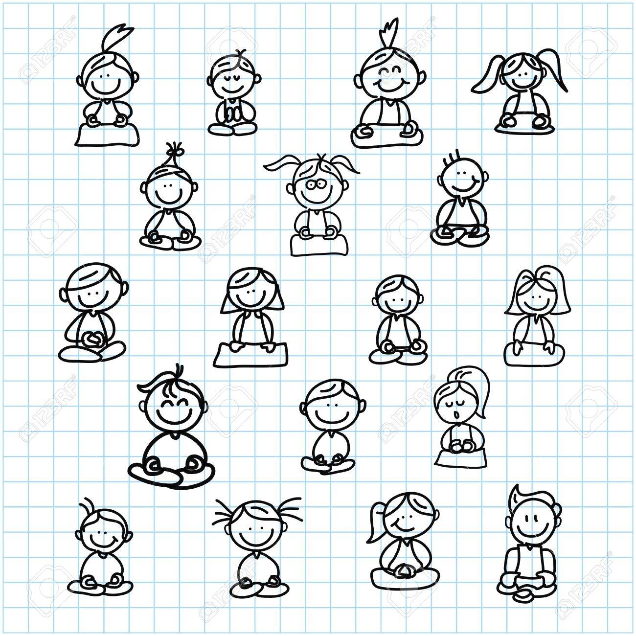 Hand Drawing Cartoon Happy People Meditation On Graph Paper Illustration Royalty Free SVG Cliparts Vectors And Stock Illustration Image 19084969 