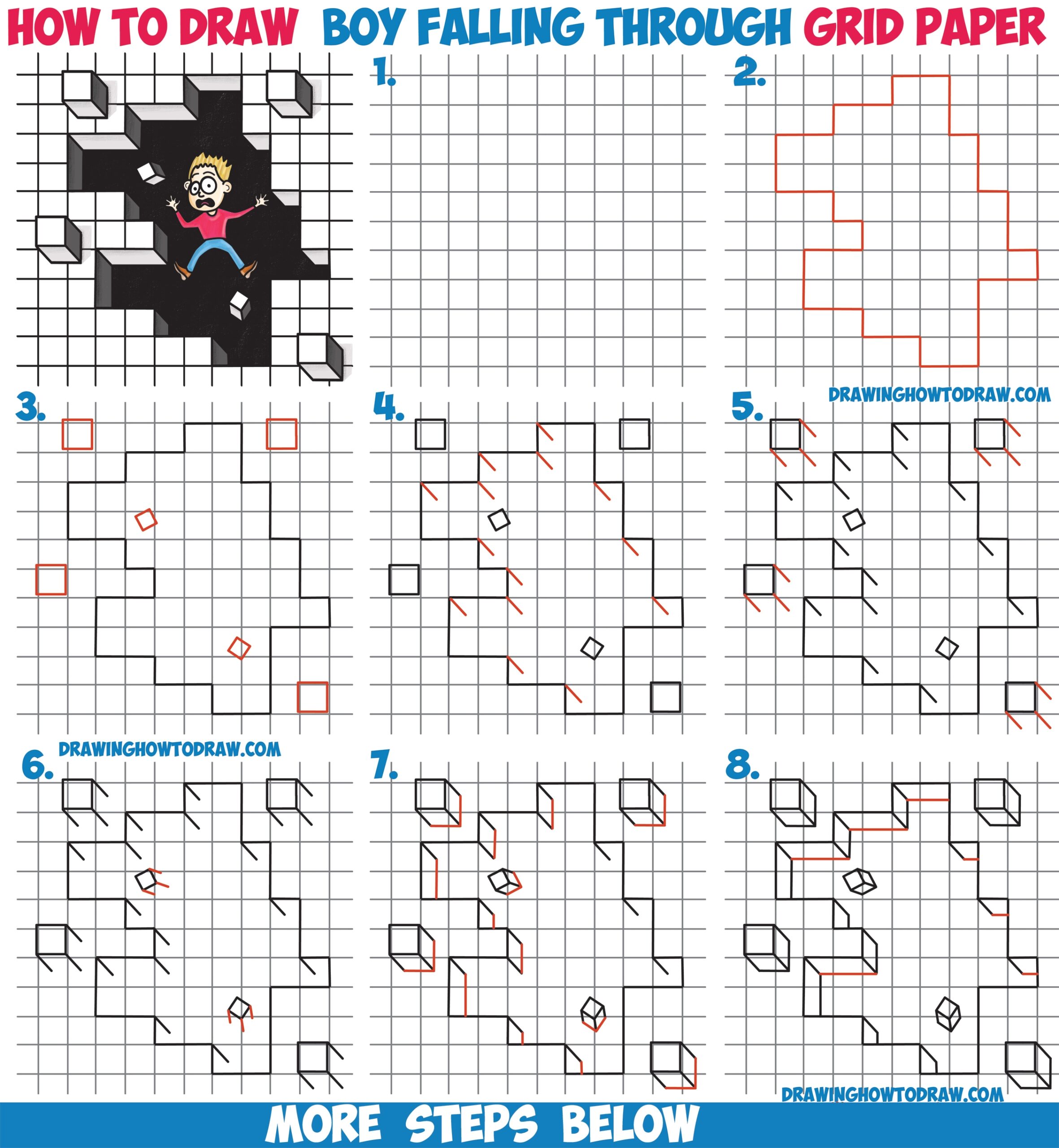 How To Draw Cool Stuff Draw A Hole In Grid Paper With Cubes Floating Off And Cartoon Boy Falling Through Easy Step By Step Drawing Tutorial For Kids How To