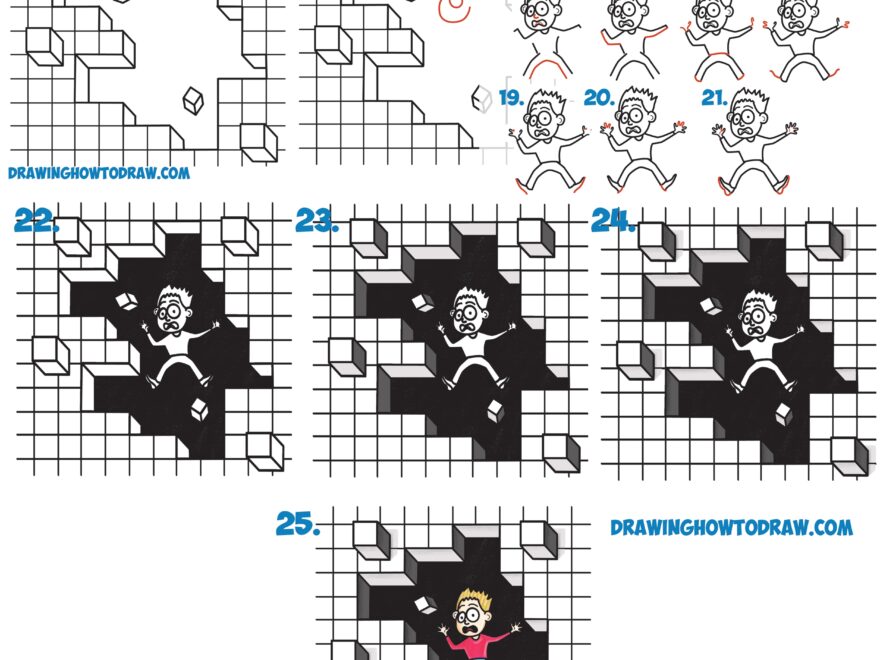 How To Draw Cool Stuff Draw A Hole In Grid Paper With Cubes Floating Off And Cartoon Boy Falling Through Easy Step By Step Drawing Tutorial For Kids How To