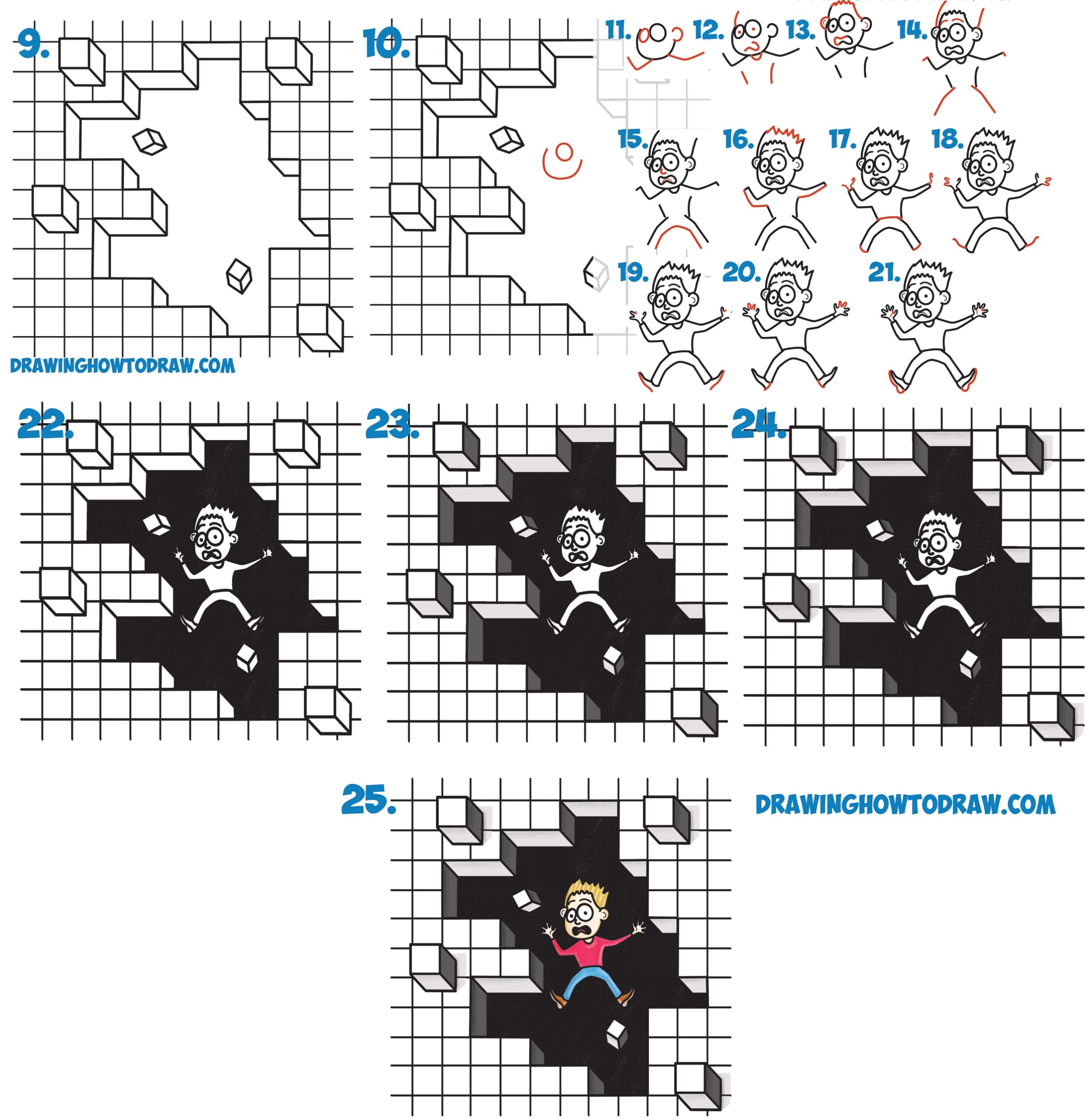 How To Draw Cool Stuff Draw A Hole In Grid Paper With Cubes Floating Off And Cartoon Boy Falling Through Easy Step By Step Drawing Tutorial For Kids How To