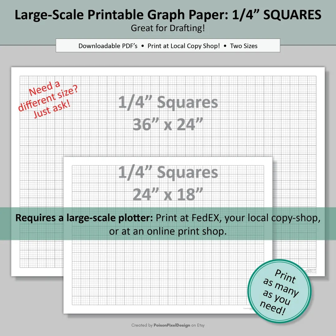 Large Scale Printable SQUARE Graph Paper 1 4 Square Grid 2 Paper Sizes 24x36 And 24x18 Oversized Square Grid Paper Quarter Inch Etsy