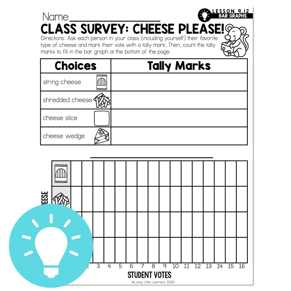 Lucky To Learn Math 1st Grade Lesson 9 12 Bar Graphs Mini Lesson Class Survey Cheese Please Lucky Little Learners