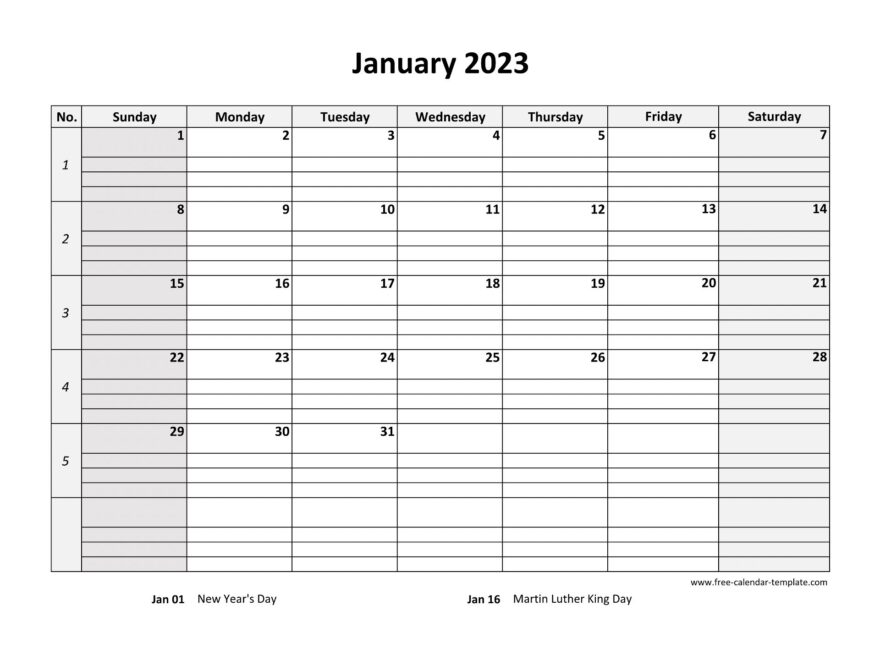 Monthly 2023 Calendar Free Printable With Grid Lines Designed horizontal Free calendar template