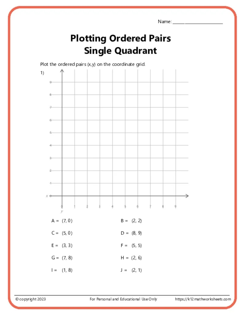 1 Quadrants Fifth Graders Graphing Worksheet