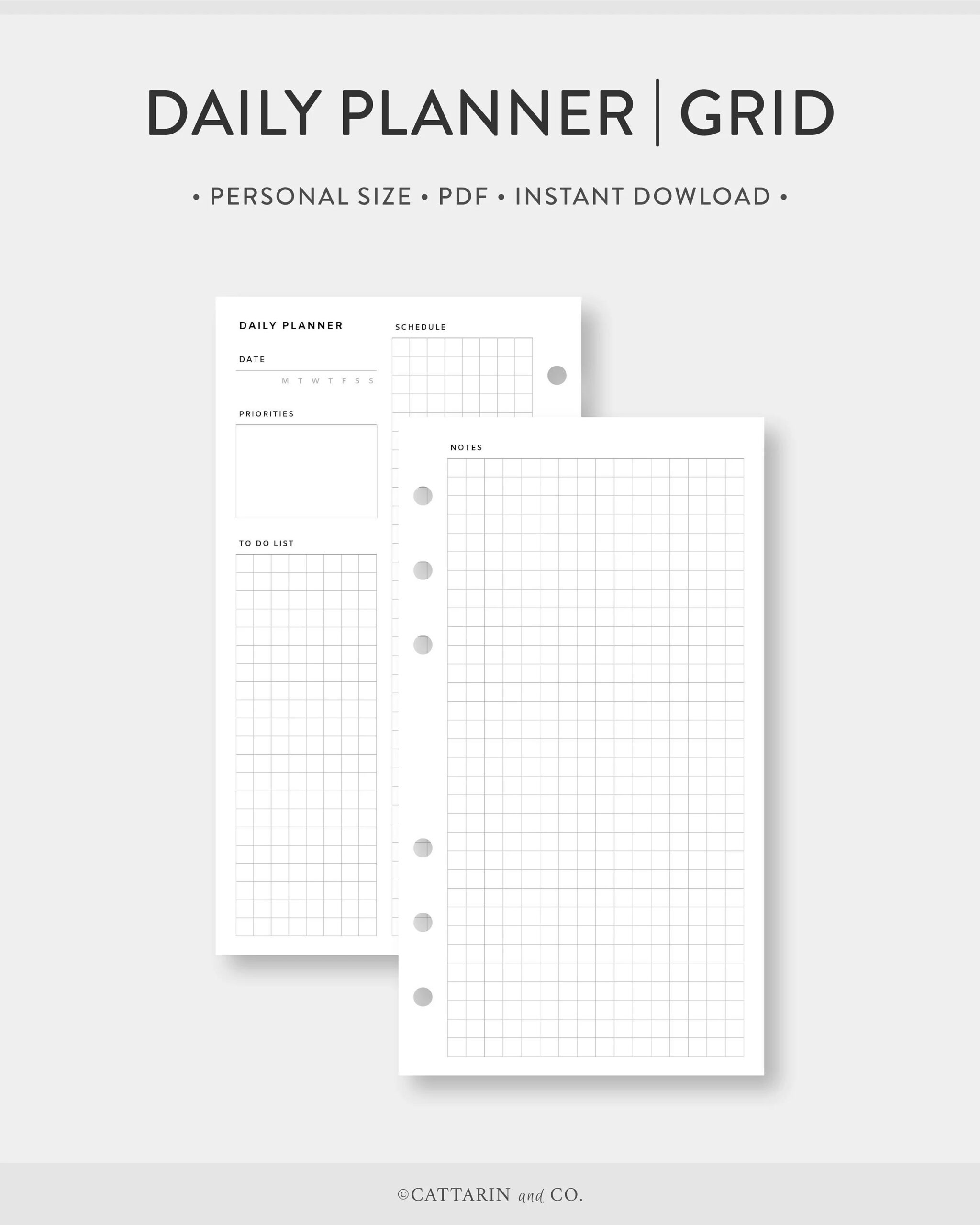 Personal Undated Daily Planner Printable Grid Paper Day On Two Pages DO2P 5x5 Graph Notes Etsy