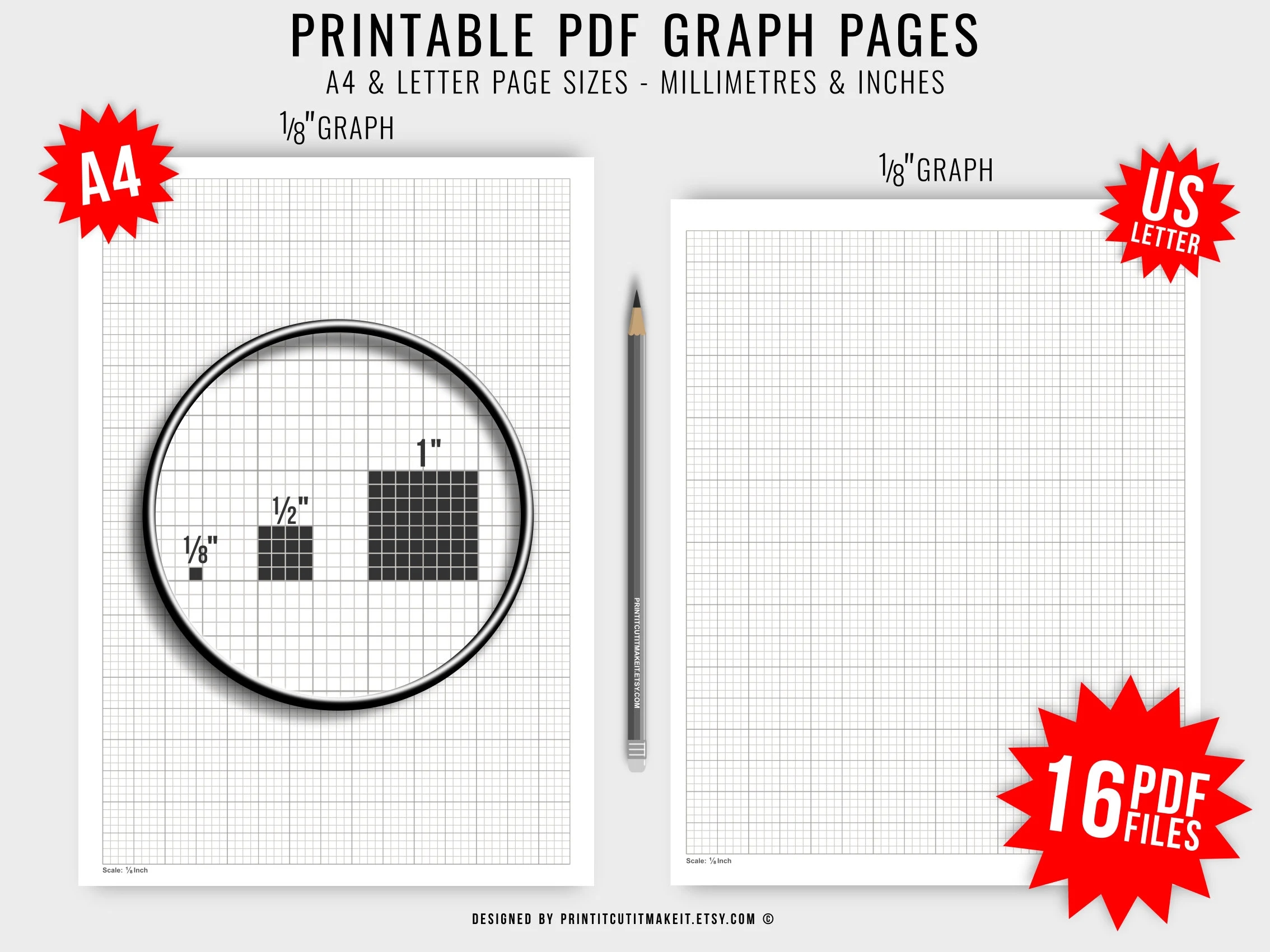 Printable Graph Paper PDF Bundle Imperial Metric A4 US Letter PDF Printable Grid Paper Templates 1 8 1 4 1 2 1 2mm 5mm 10mm 20mm Digital Etsy