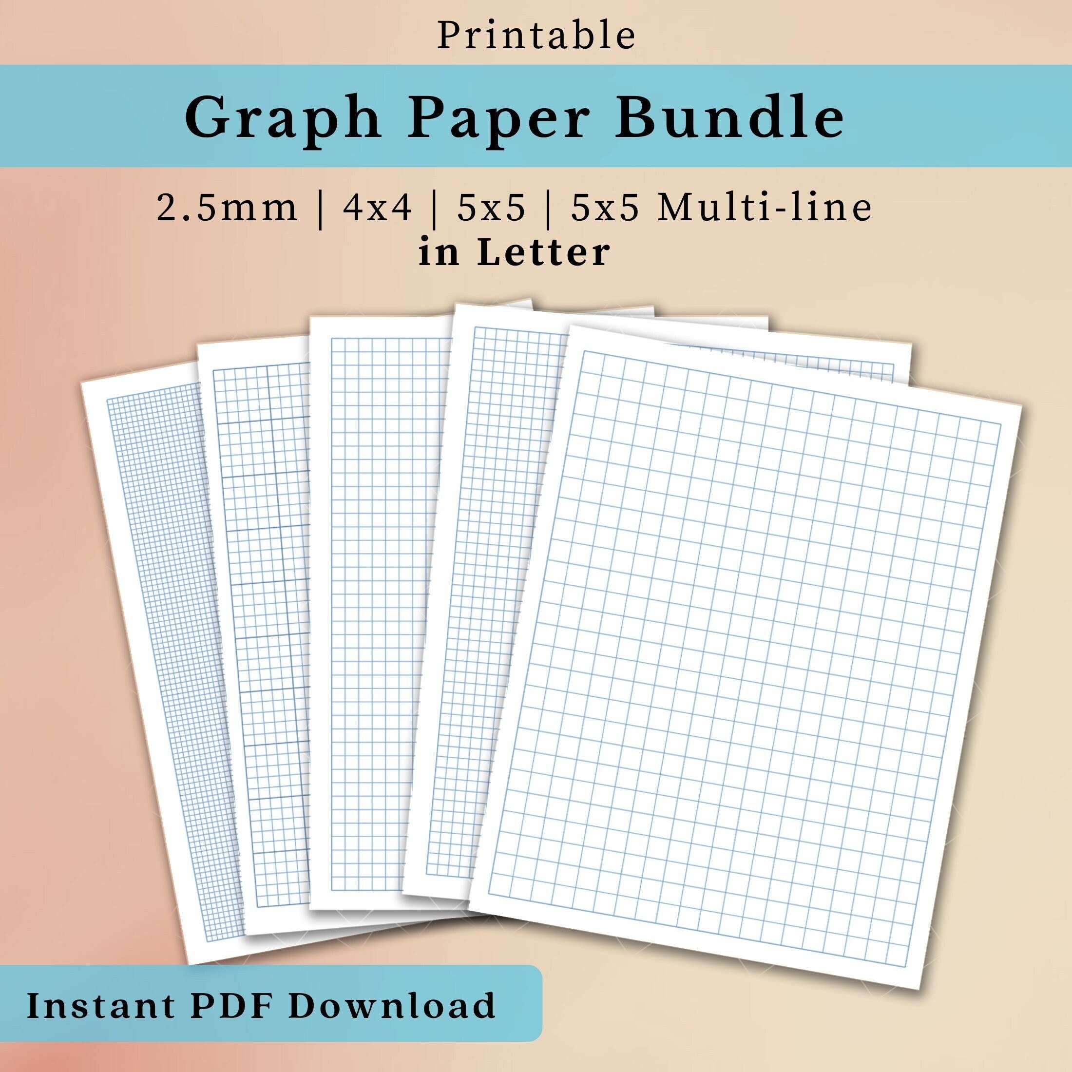 Printable Graph Paper PDF letter Size 2 5mm 10mm 4x4 5x5 And 5x5 Multi line Light Blue Grid Note Paper Instant Download Etsy