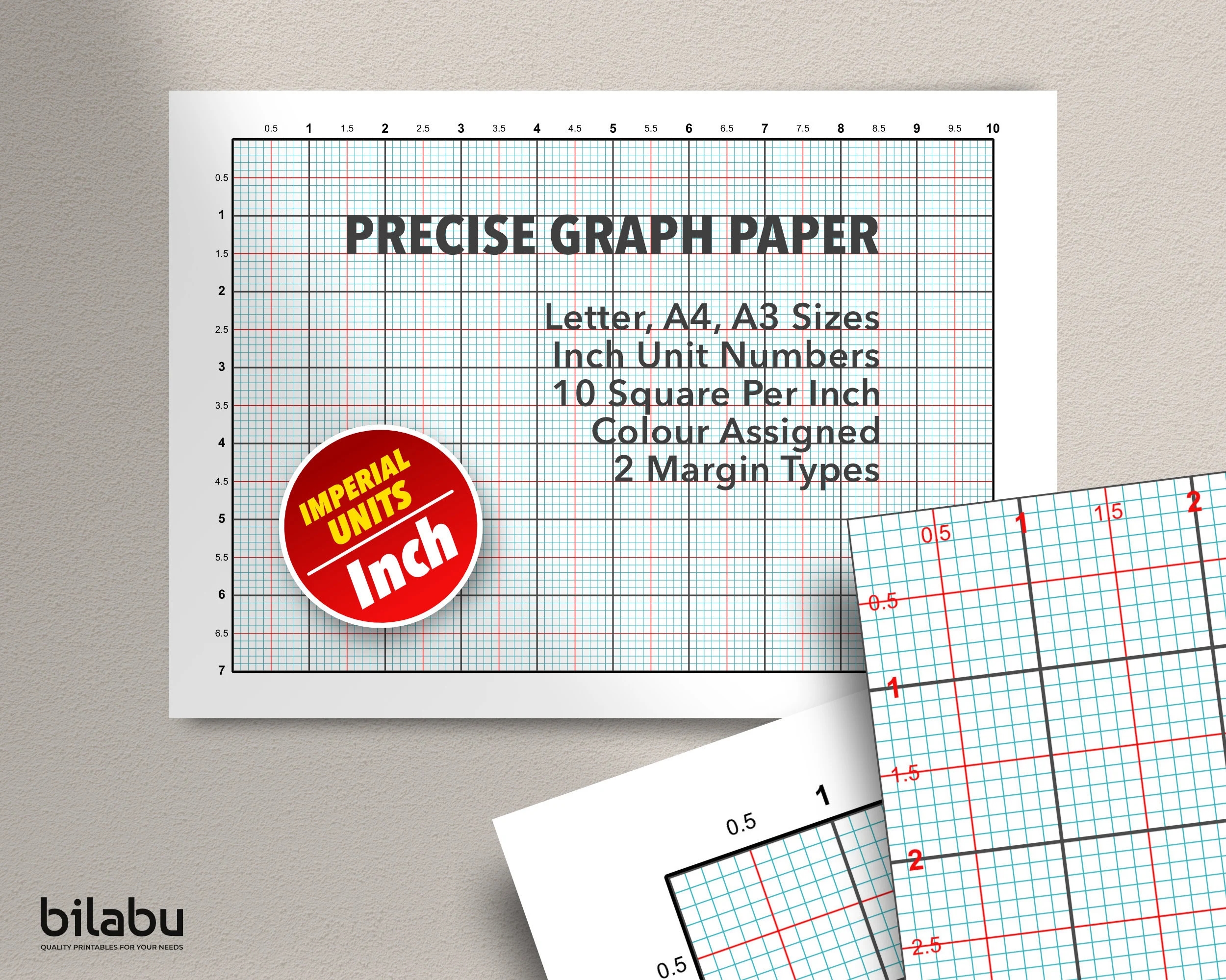 Printable Inch Graph Paper PDF For School Math Technical Drawing Imperial Grid 10 Squares Per Inch A4 A3 Letter Sizes Download Etsy