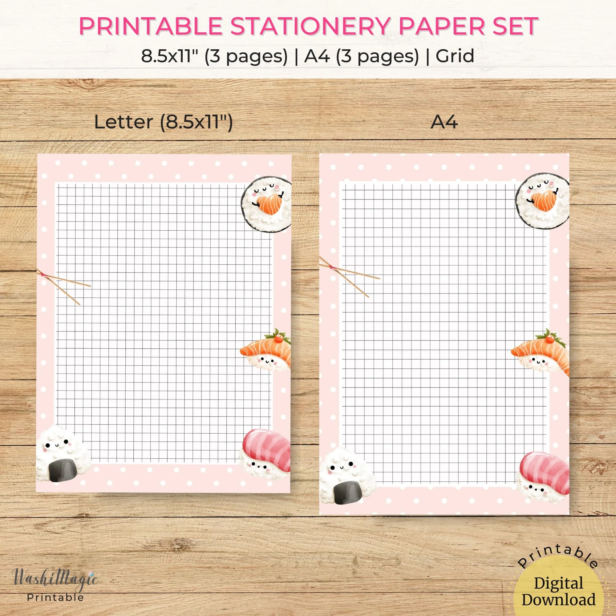 Sushi Inspired Stationery Set Printable Paper Pack With Lined Unlined And Grid Paper To Do List Journal Digital Notebook Paper Set Etsy