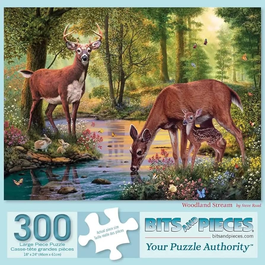 Amazon Bits And Pieces Woodland Stream Jigsaw Puzzle By Steve Read Available In 50 100 200 300 500 1000 Pcs 15 19 18 24 20 27 Random Die Cut Nature Deer Stream Art 300 Piece Puzzle Toys Games