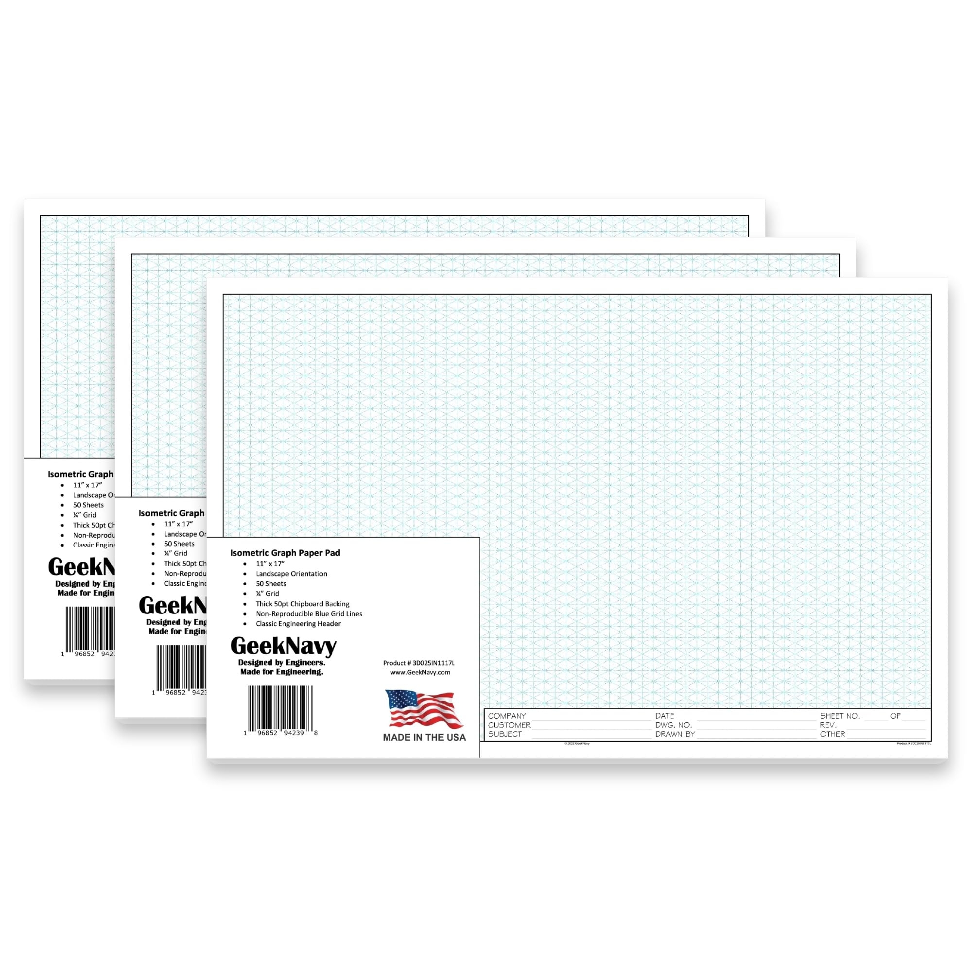 Amazon GeekNavy 11 X 17 Isometric Graph Paper 50 Sheets Landscape 0 25 Grid Non photo Blue High Brightness Drafting Engineering Art 3D Design 3 Pack Office Products