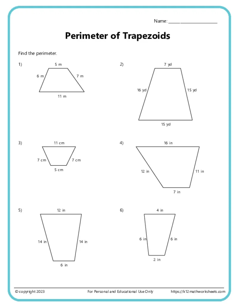 Area And Perimeter Of Trapezoids K12 Math Worksheets