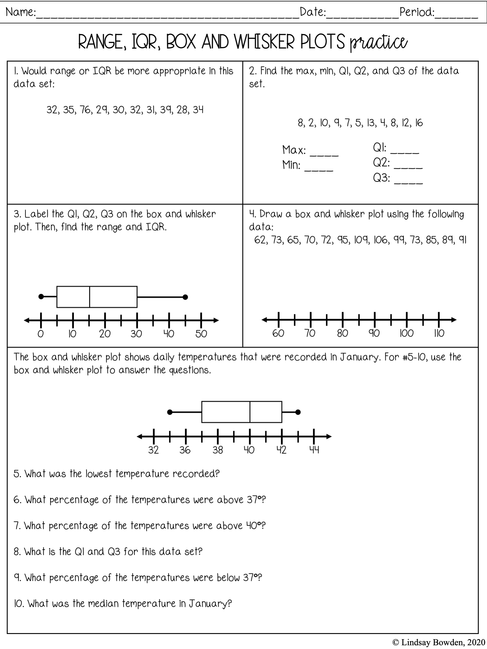 Box And Whisker Plots Notes And Worksheets Lindsay Bowden Worksheets Library