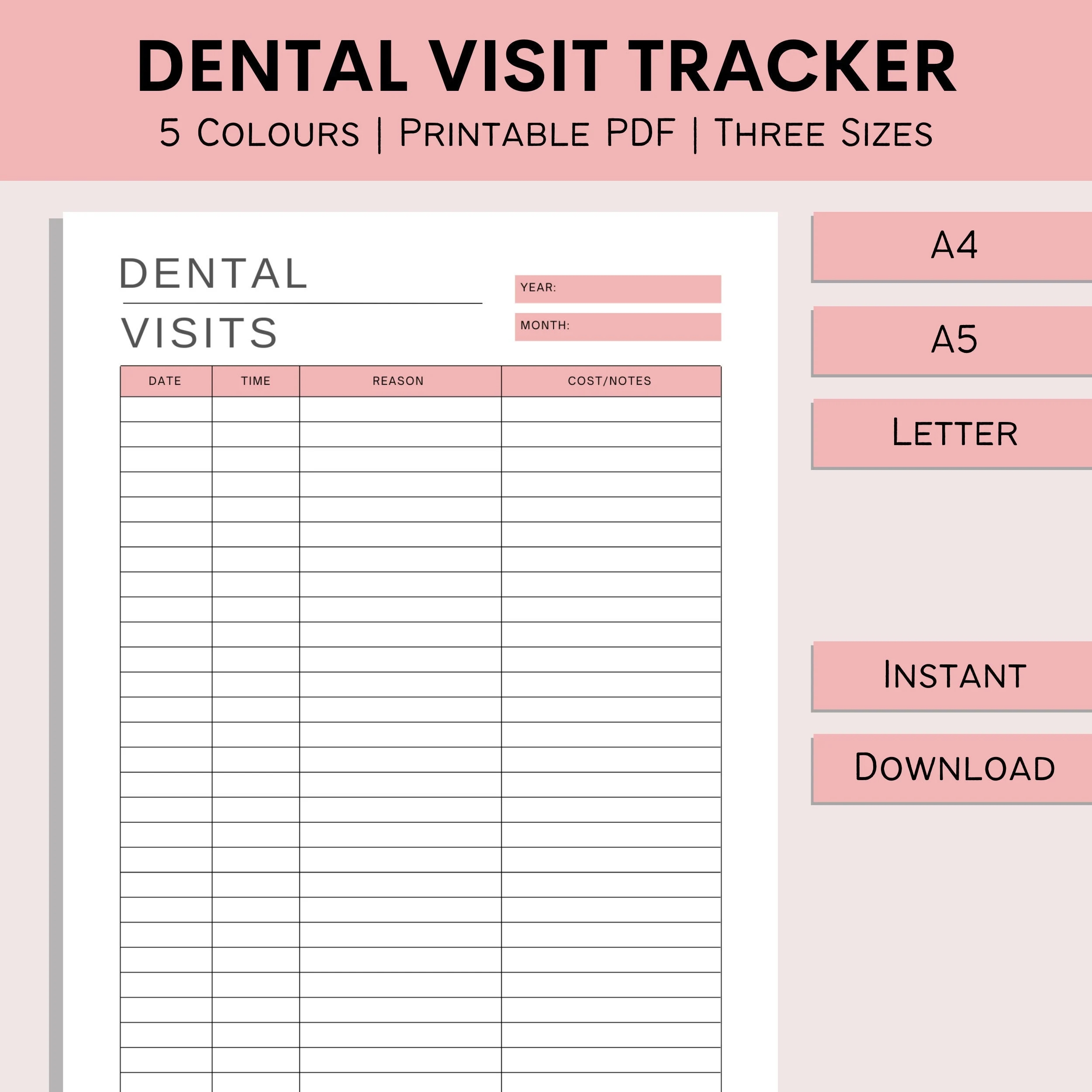 Dental Visit Tracker Dentist Log Medical Appointments Teeth Health Printable Dentist History PDF A4 A5 Letter Etsy