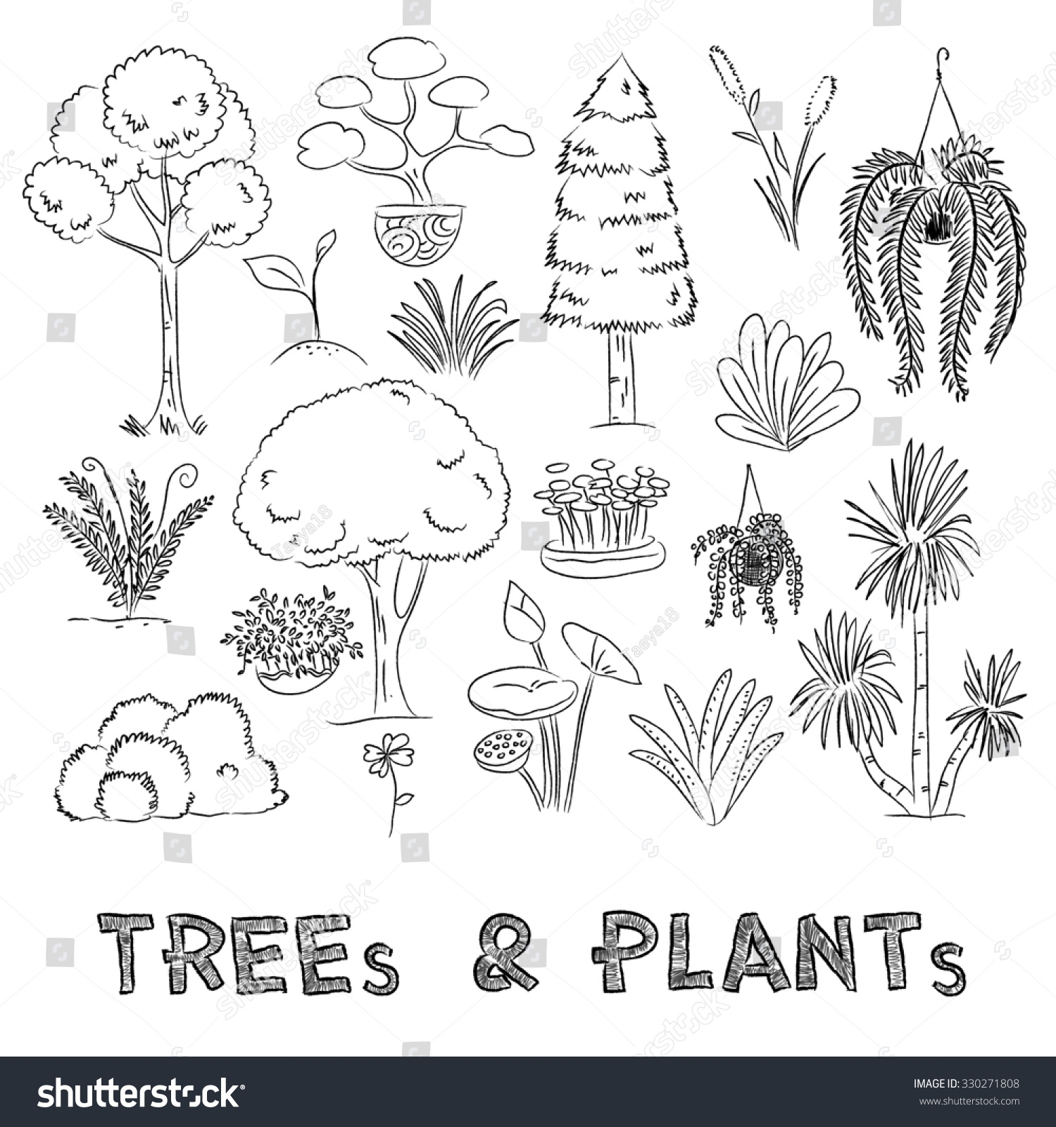Drawing Trees Plants Collection On Grid Stock Illustration 330271808 Shutterstock