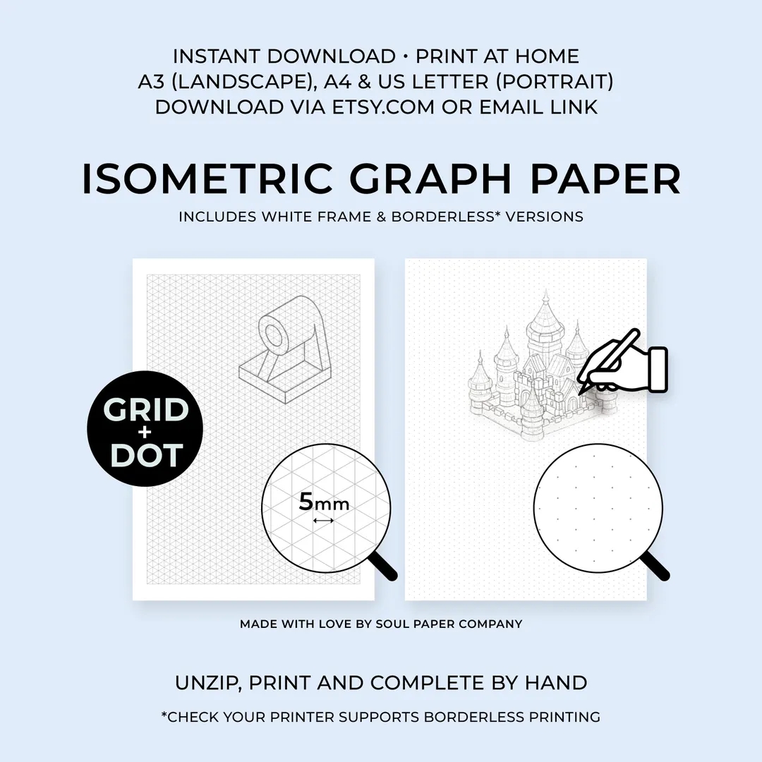Isometric Graph Paper 3 Page Sizes Border Borderless 5mm Horizontal Gap 60 Black 0 4pt Line A3 Landscape A4 usletter Portrait Etsy