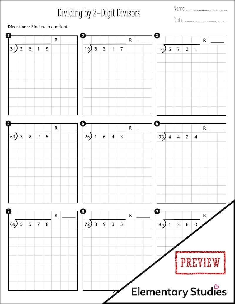 Long Division Dividing By 2 Digit Divisor With Grid Elementary Worksheets Library