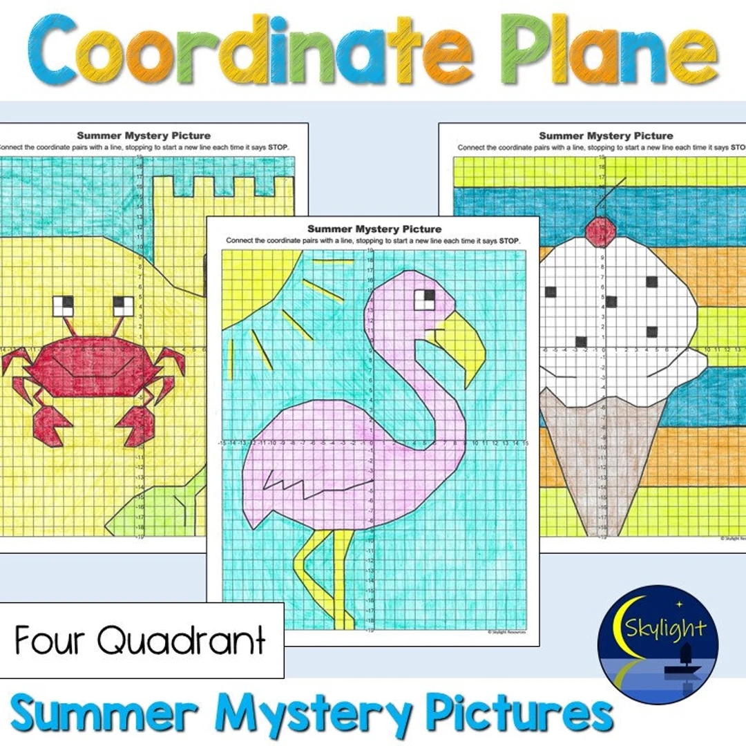 Summer Coordinate Plane Graphing Mystery Pictures Four Quadrant Math Activity Worksheets Etsy