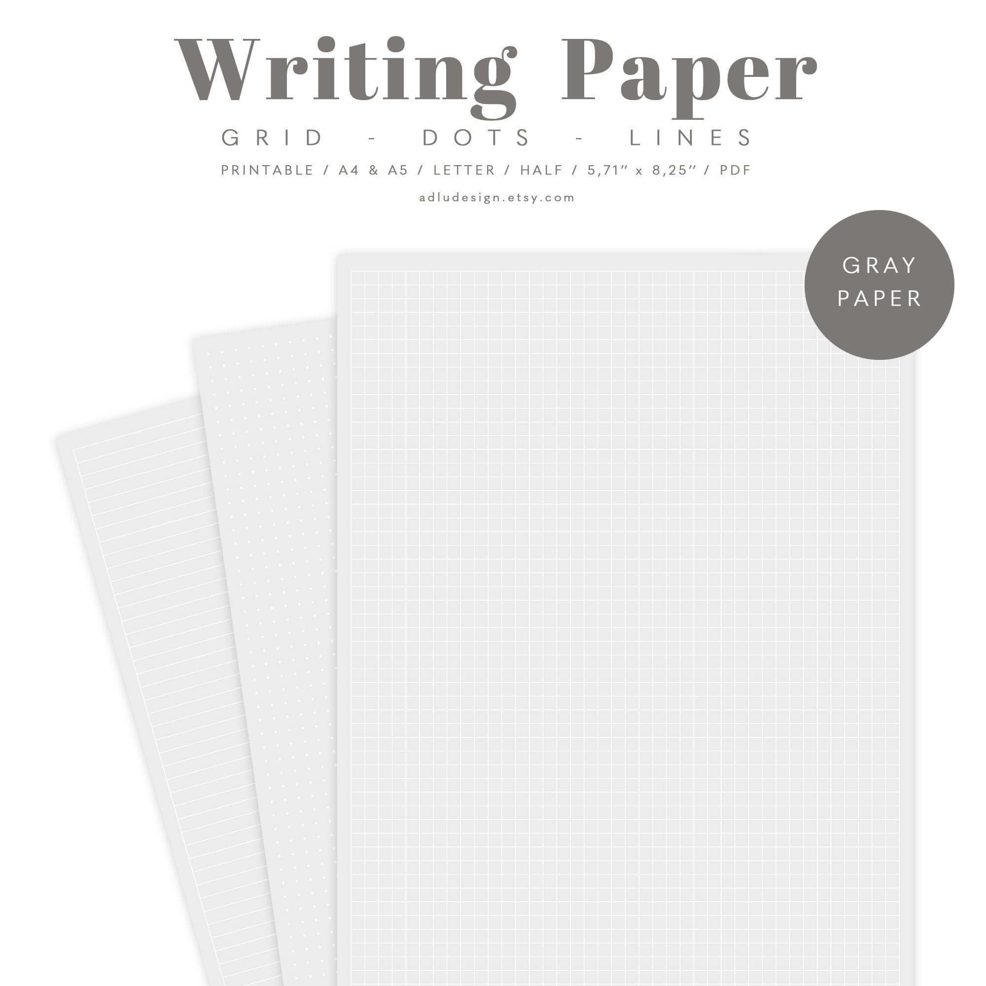 Writing Paper Set Printable Gray Paper On White Dots Grid Lines Paper Study Notes Notes Taking Digital Notebook pdf Etsy