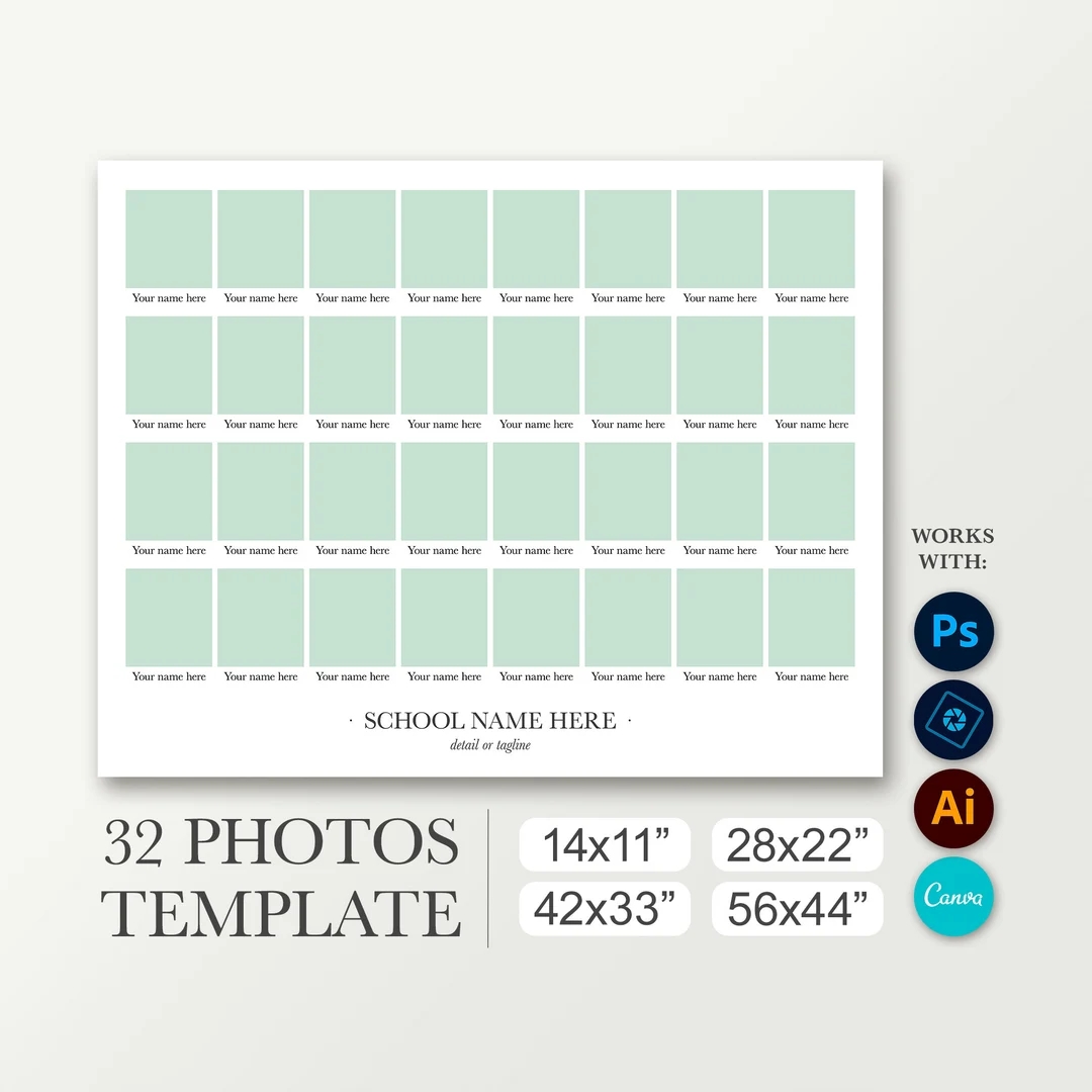 Yearbook Composite Class Photo Template For 32 Pictures 11x14 22x28 33x42 Photo Collage Template Photoshop Canva Layout School Board Etsy